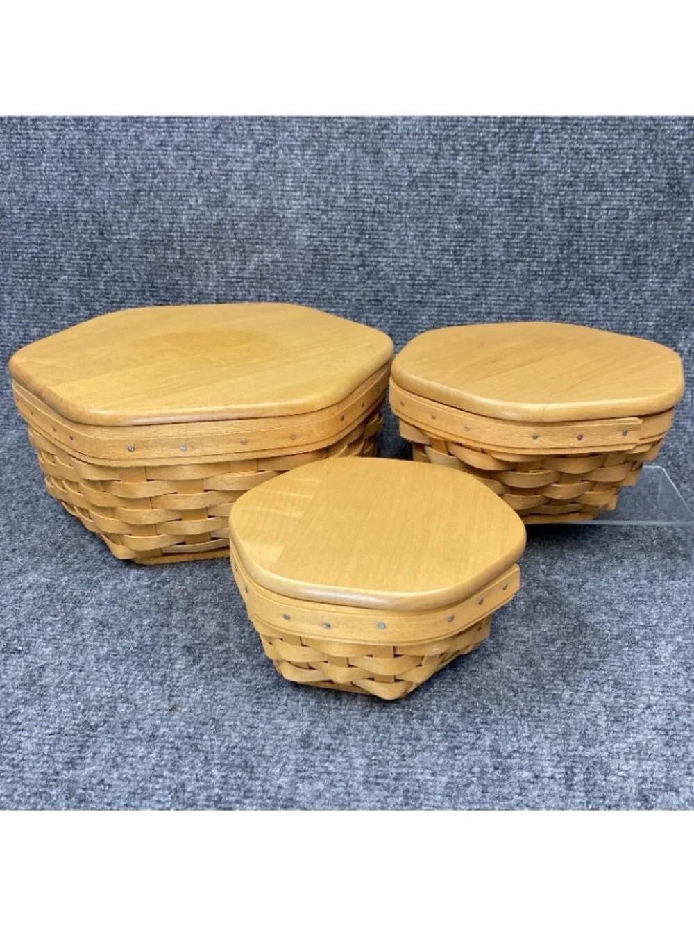 Longaberger Basket Set 3 Nesting Generations Wood Lids Protectors 10 7 5.5 Inch